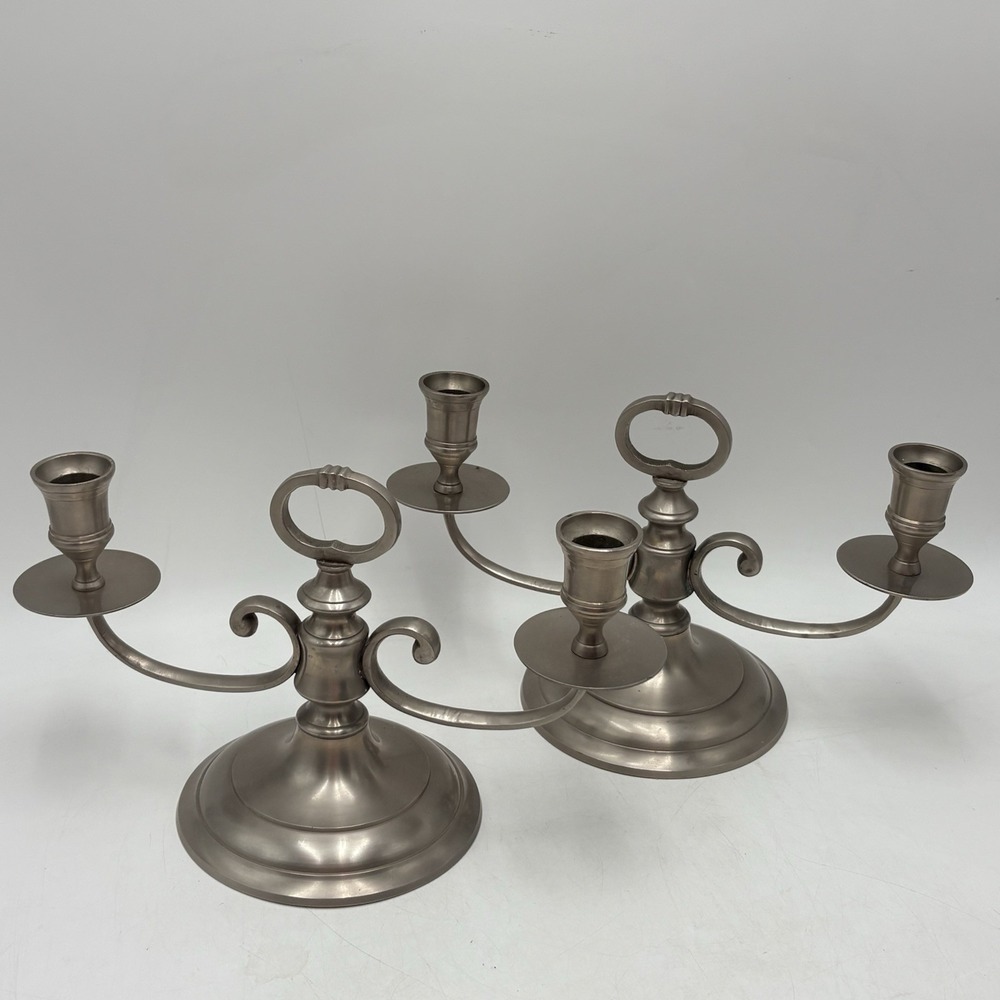 Solid Brass Pewter Finish 2 Arm Candlestick Holders Pair VTG Colonial Cottage